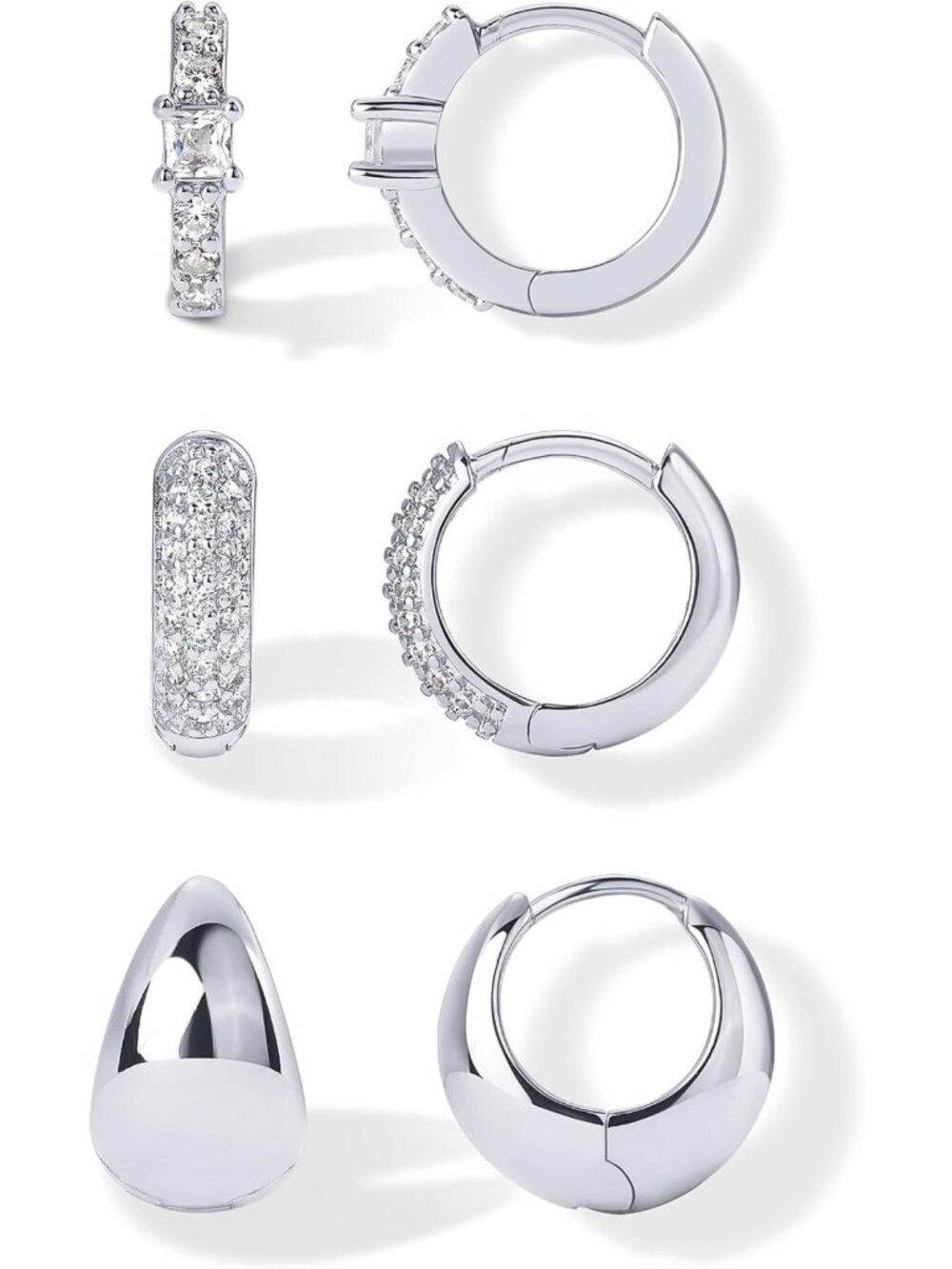 18K Gold Plated Set of 3 Huggie Hoop Earrings for Women, Sparkling CZ Accents